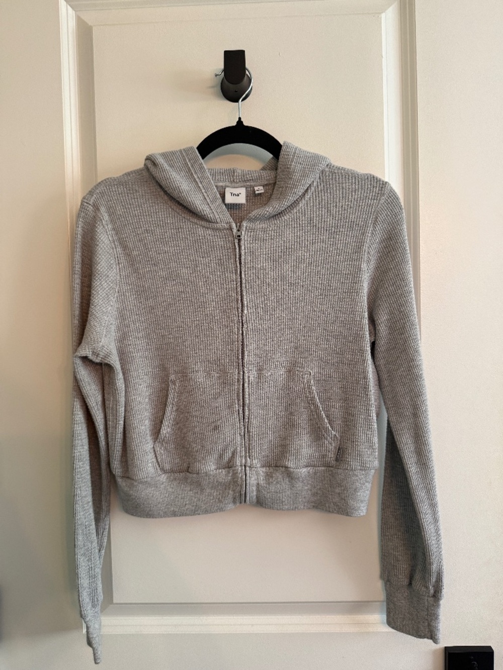 Aritzia Tna Cropped Waffle Knit Zip-Up Hoodie Heather Grey S